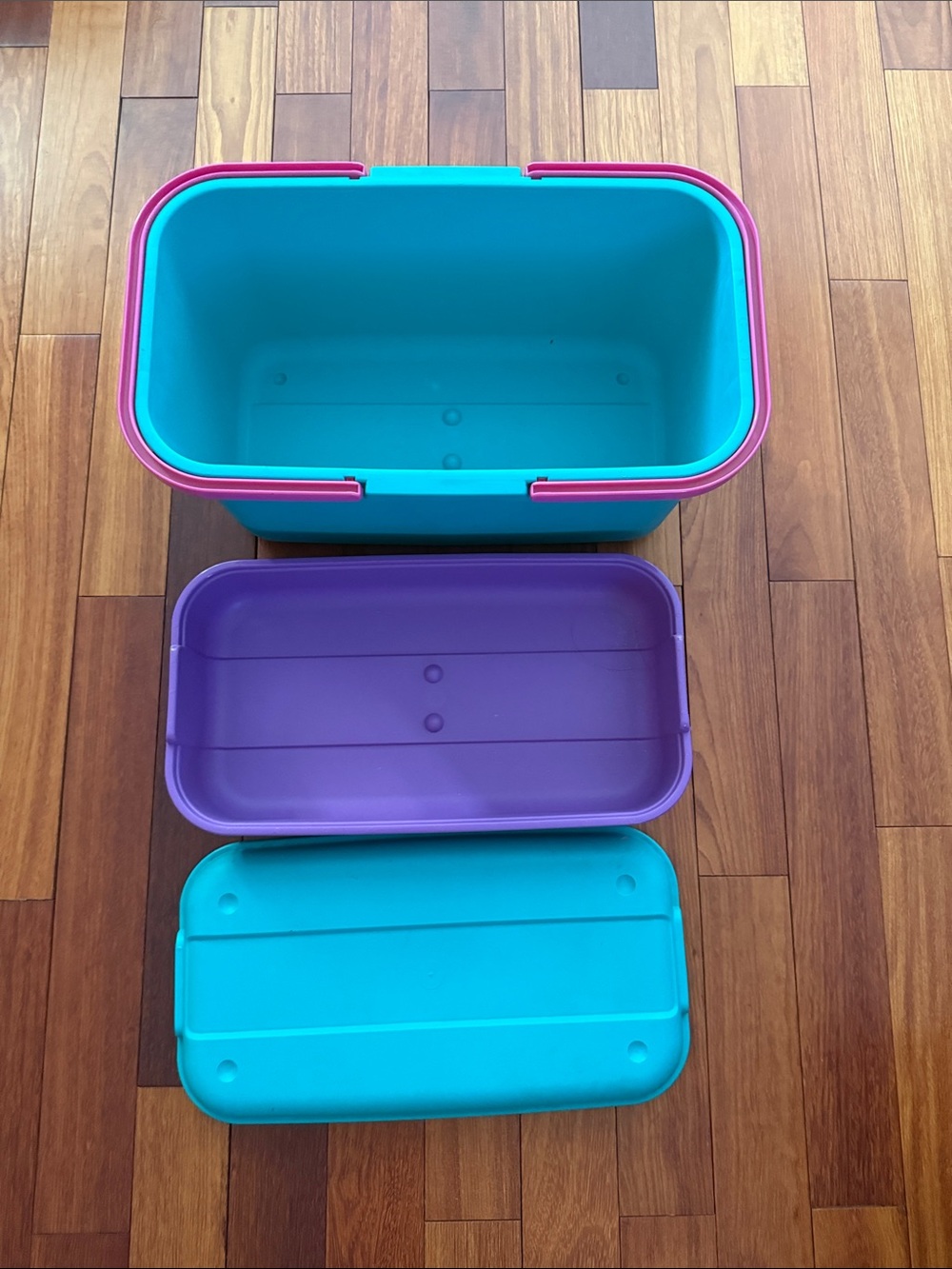 Turquoise & Purple Plastic Craft Storage Bin with Pink Trim